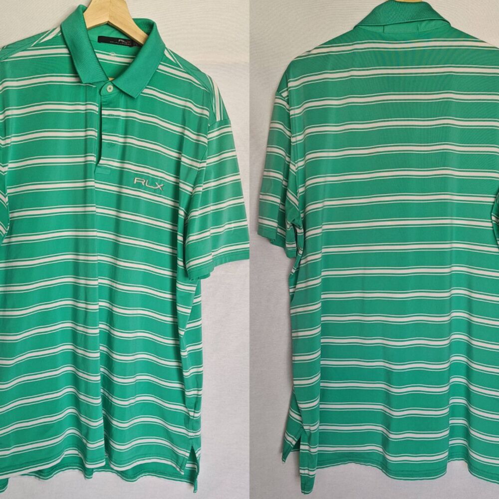 RLX Ralph Lauren Polo Shirt Green White Striped‎ Large L Golf